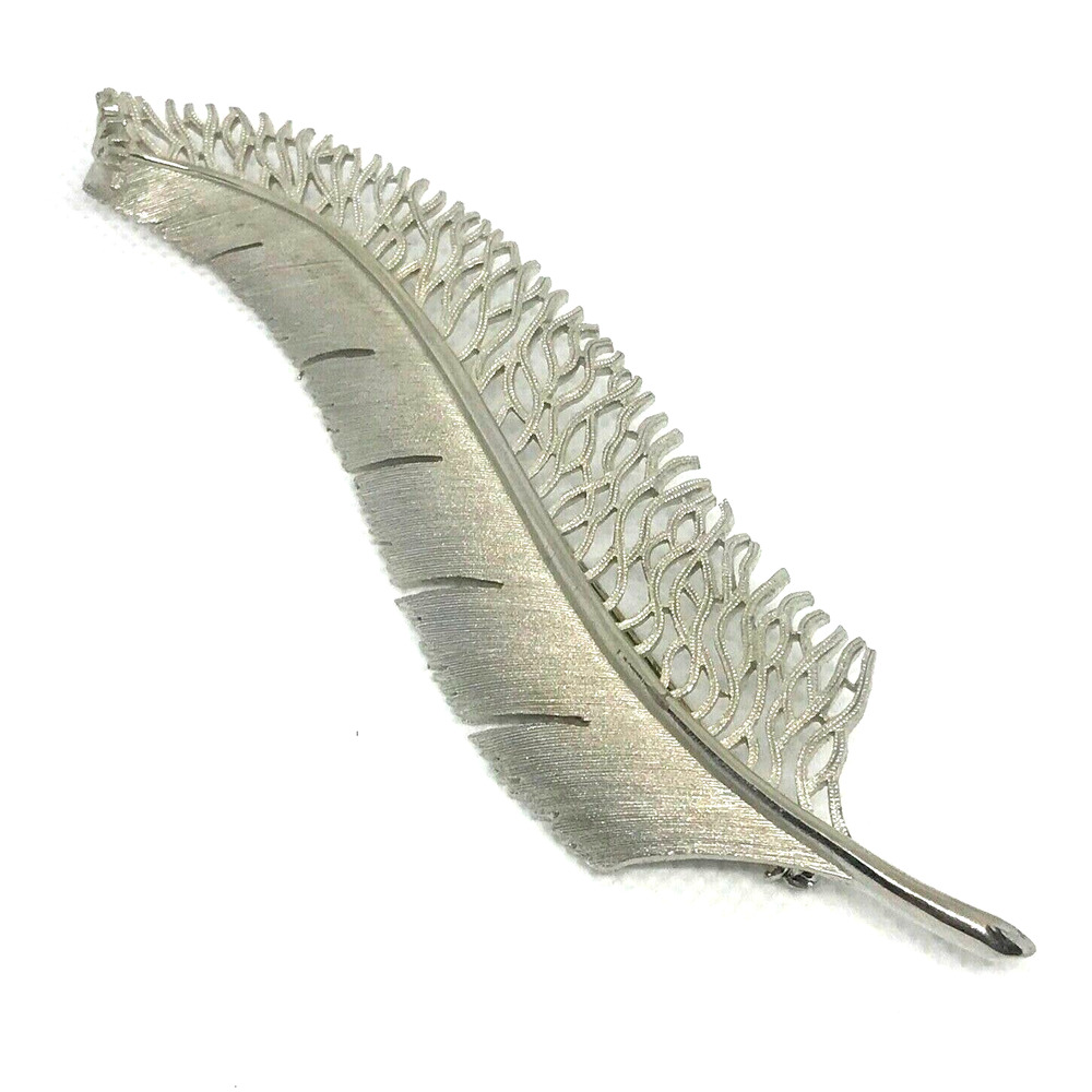 Vintage Estate Feather Shape Silver Tone Pin Brooch Large 5"